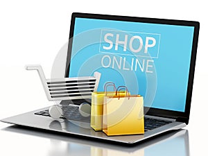 3d Shopping cart on Laptop. e-commerce concept