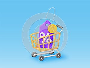 3d shopping cart and price tag with percentage