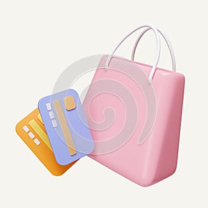 3d shopping paper bag credit card. electronic payment concept. Credit card paying. icon isolated on white background. 3d