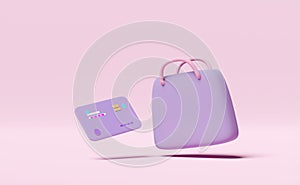 3d shopping paper bag credit card isolated on pink background. saving money, electronic payment  concept, 3d render illustration