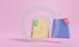 3d shopping paper bag with discount card. copy space for text input. online shopping and e-commerce. isolated on pink background.