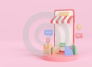 3d shopping store on smartphone on pink background. e-commerce phone on podium. online shop concept mobile application. 3d