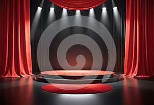 3D showcase stage mockup with red curtain