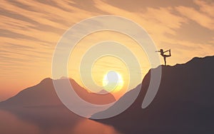 3D silhouette of a female in yoga positon on a mountain top against sunset sky