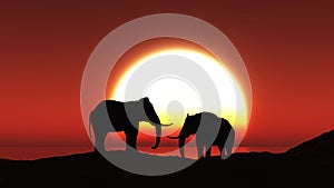 3D silhouettes of elephants against a sunset sky