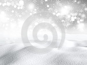 3D silver Christmas landscape with snowflakes and stars