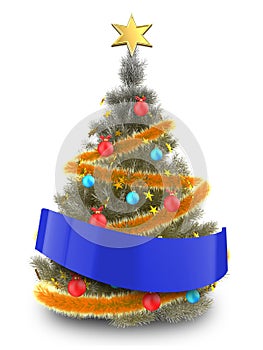 3d silver Christmas tree with blue ribbon