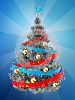 3d silver Christmas tree over blue