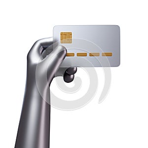 3d silver and holding credit card, representing premium and private banking. Showing luxury contactless bank card