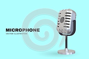 3D silver retro microphone. Vector illustration. Advertising banner for studio, concert or podcasting on blue background