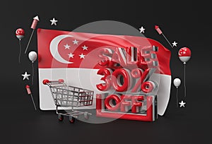 3D Singapore Flag with 30% Sale OFF Discount Banner Concept