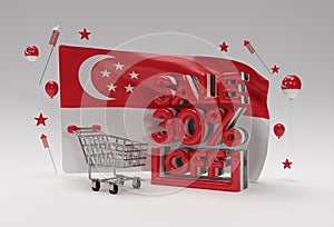 3D Singapore Flag with 30% Sale OFF Discount Banner Concept