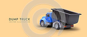 3D single axle dump truck, rear view. Services of transportation of soil, sand, stones