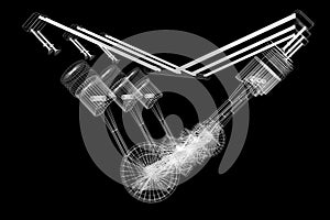 3D six-cylinder car engine, wireframe, black background