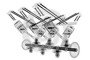 3D six-cylinder car engine, wireframe, white background