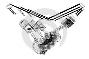 3D six-cylinder car engine, wireframe, white background