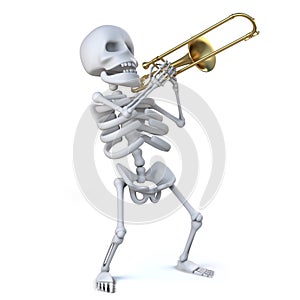 3d Skeleton playing his trombone with verve