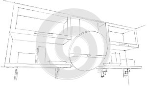 3d Sketch drawing of round kitchen hood and cupboards with glass