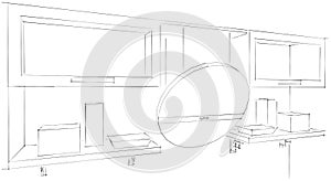 3d Sketch drawing of round kitchen hood and cupboards with glass