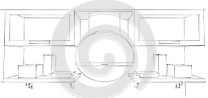 3d Sketch drawing of round kitchen hood and cupboards with glass