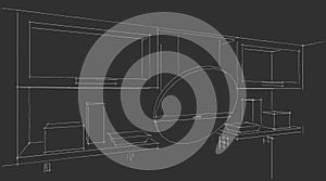 3d Sketch drawing of round kitchen hood and cupboards with glass monochrome