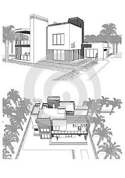 3d sketch of a modern private building with a terrace, surrounded by palm trees, different points of view.