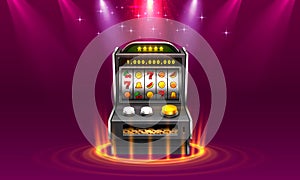 3d slots machine wins the jackpot, Isolated on glowing lamp background.