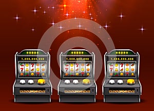 3d slots machine wins the jackpot, Isolated on glowing lamp background.