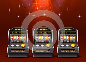 3d slots machine wins the jackpot, Isolated on glowing lamp background