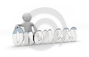 3d Small businessman character with the word oneness, we are all one, we are stronger together