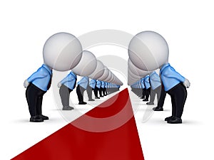 3d small people around red carpet.