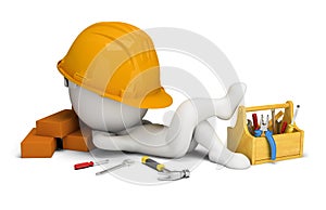 3d small people - builder sleeps in the workplace