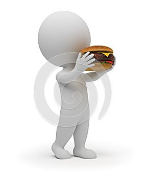 3d small people eats a hamburger