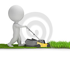 3d small people - mows the grass with a lawnmower