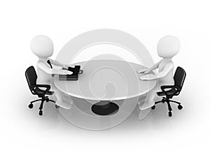 3d small people sitting at round table.