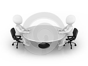 3d small people sitting at round table.