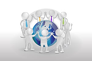 3d Small People Teamwork around world logo