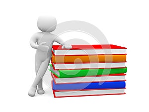 3d small person and big stack of colorful books.Isolated on whit