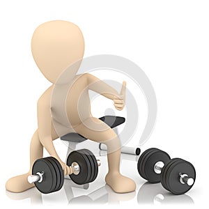 3d small person lifts weights.