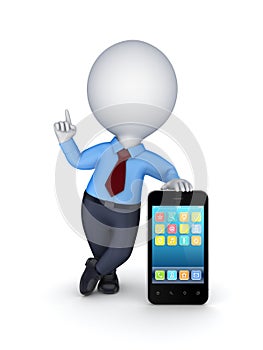 3d small person with modern mobile phone.