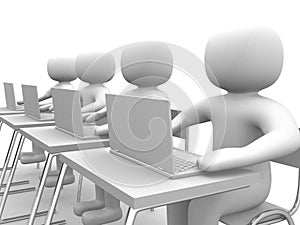 3d small person - operators sitting at laptops