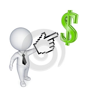 3d small person pointing to dollar symbol.