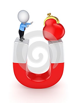 3d small person and red purse on a horseshoe.