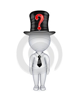 3d small person with red query mark on top-hat.