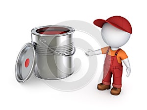 3d small person in workwear and paint can.