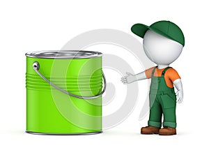 3d small person in workwear and paint can.