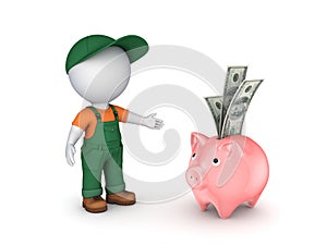 3d small person in workwear and piggy-bank.