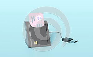 3d smart card reader, external USB card reader, Id card icon isolated on blue background. 3d render illustration