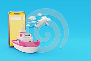 3D smartphone with boat and airplane, global transport, Tourism and travel concept, holiday vacation, worldwide trip journey.