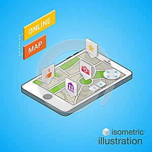 3D Smartphone with city map. Modern infographic template. Isometric vector illustration